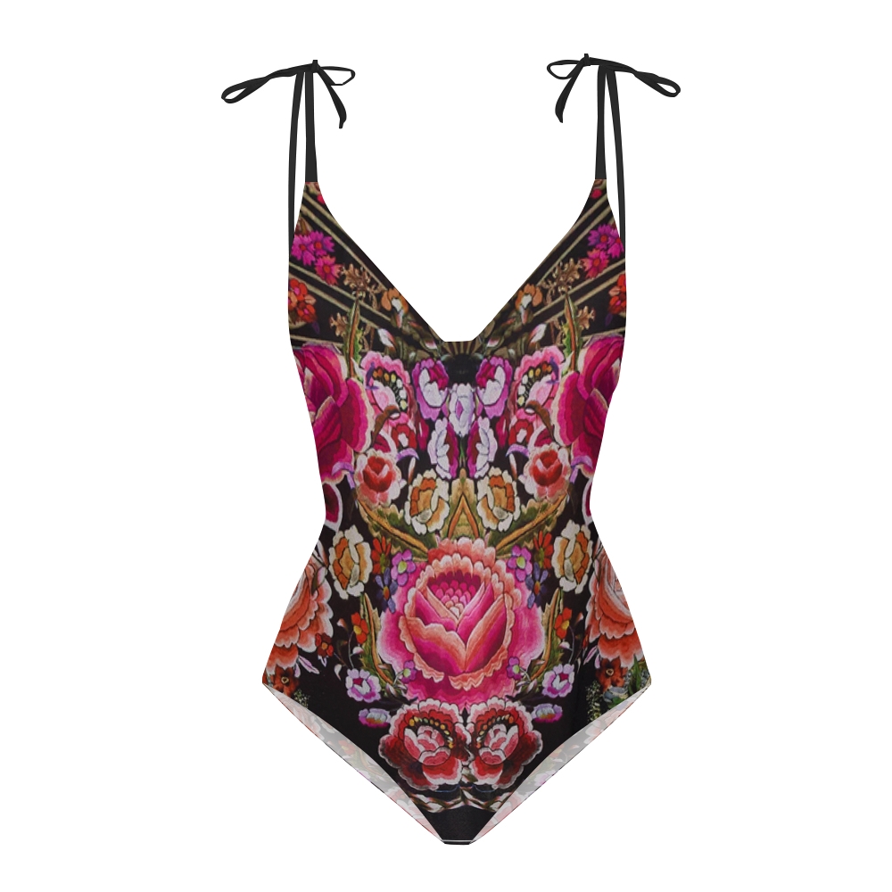 Vintage Floral One-Piece Swimsuit with Black Sarong Skirt
