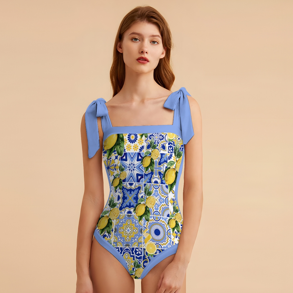 Sicilian lemons Tie-shoulder One Piece Swimsuit and Sarong or Skirt