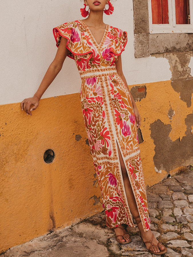 V-Neck Ruffled Vintage Print Slit Long Dress