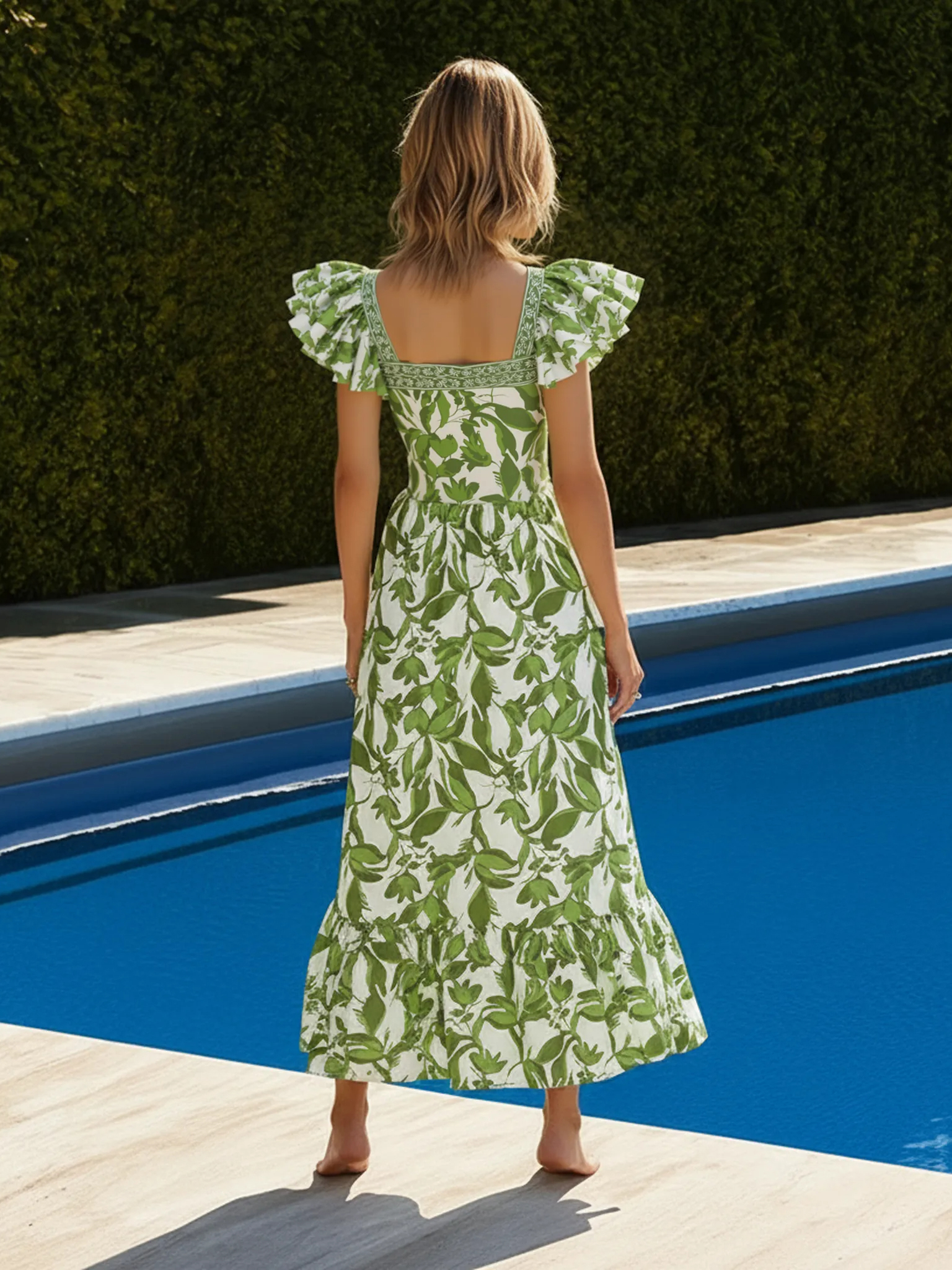 Ruffle V Neck Green Print Cut Out Swimsuit Set