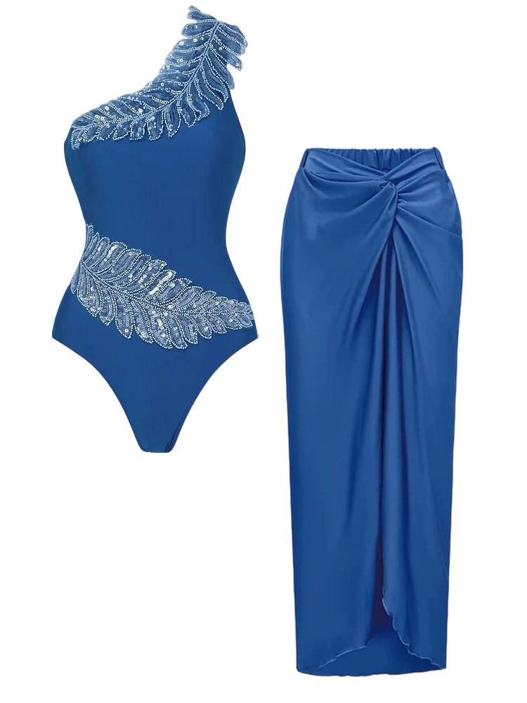 Beads Embroidered with Solid Color Swimsuit