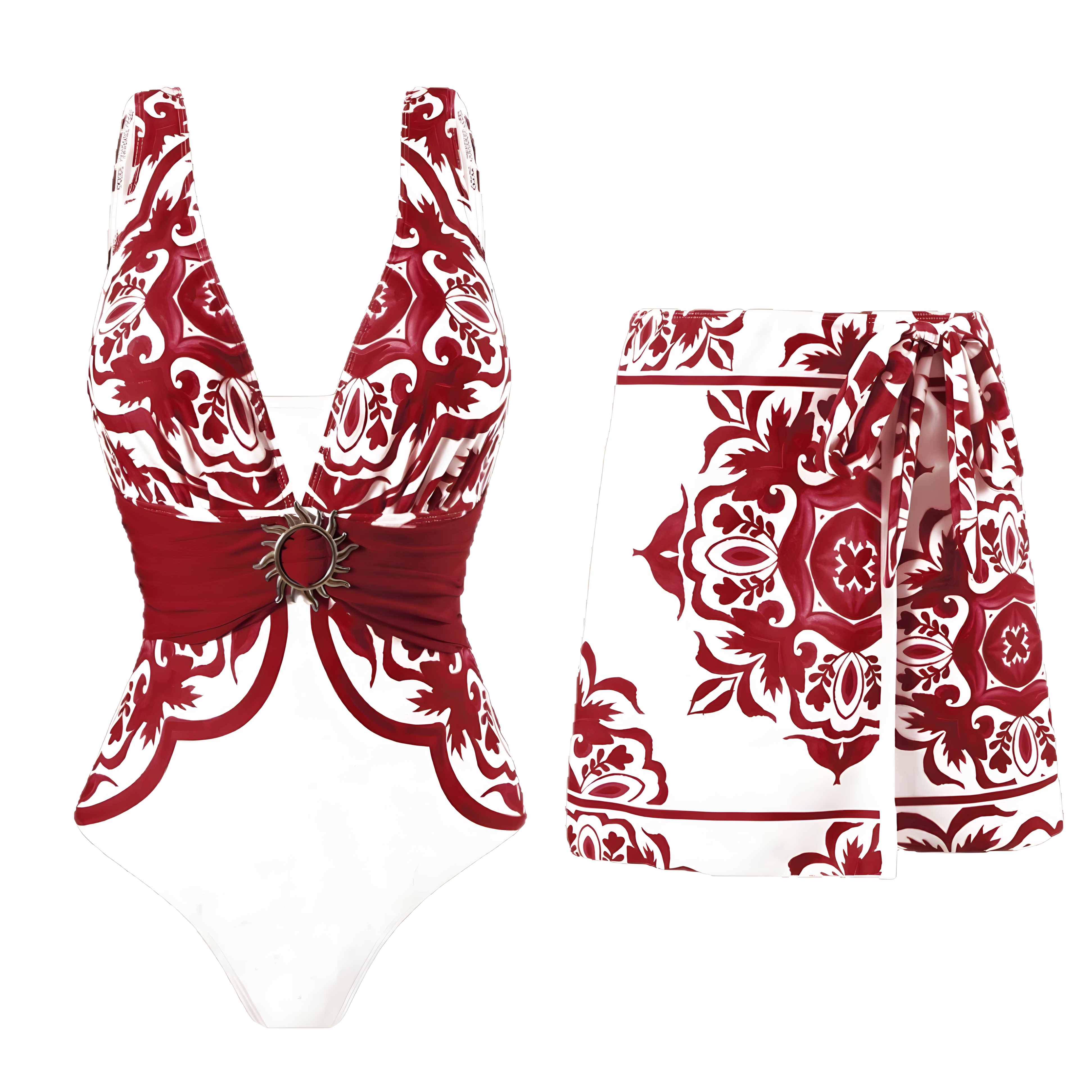 Women's Vintage Print Deep V One-Piece Swimsuit and Matching Skirt