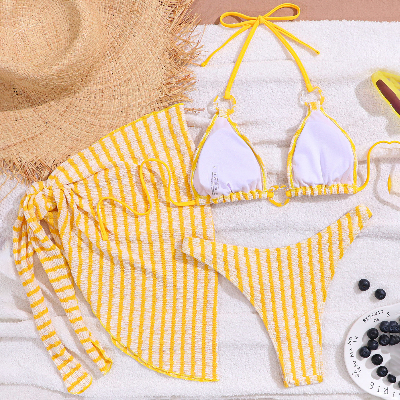 Women's Striped Color-Block 3-Piece Set Two-Piece Swimsuit with Skirt