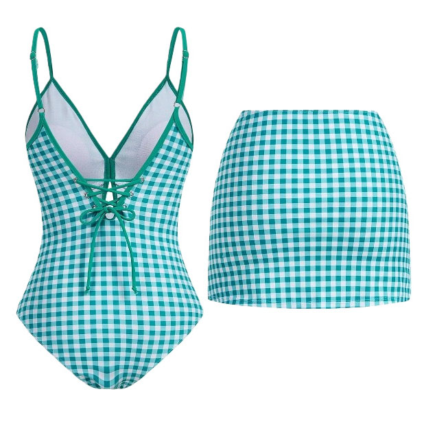 Women's Plaid Print One-Piece Swimsuit and Matching Skirt