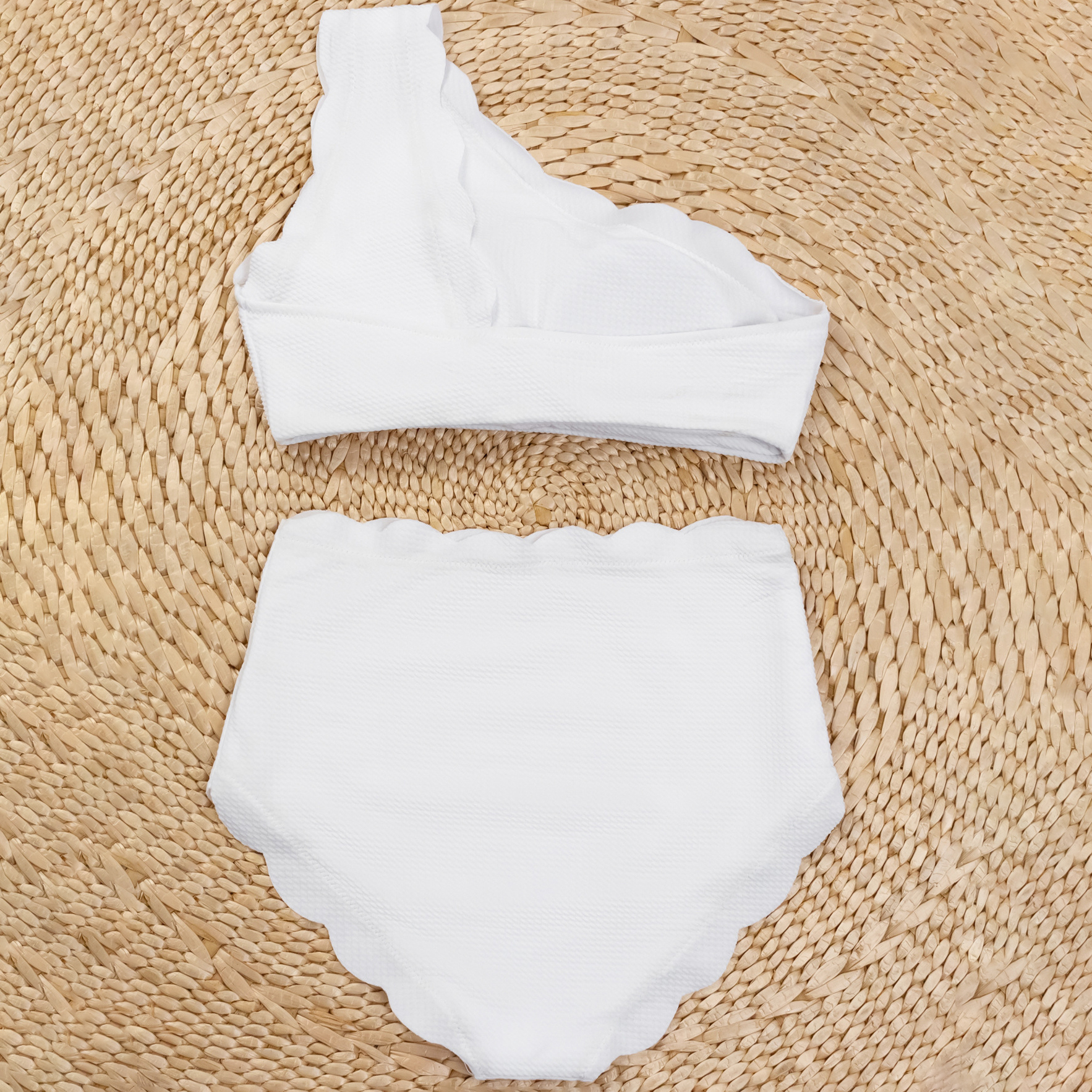 Women's One-Shoulder High-Waisted Two-Piece Swimsuit with Ruffle Trim in Waffle Knit Fabric