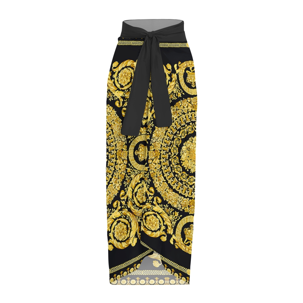 Baroque Print Straight Neckline One-Piece Swimsuit with Matching Sarong Skirt