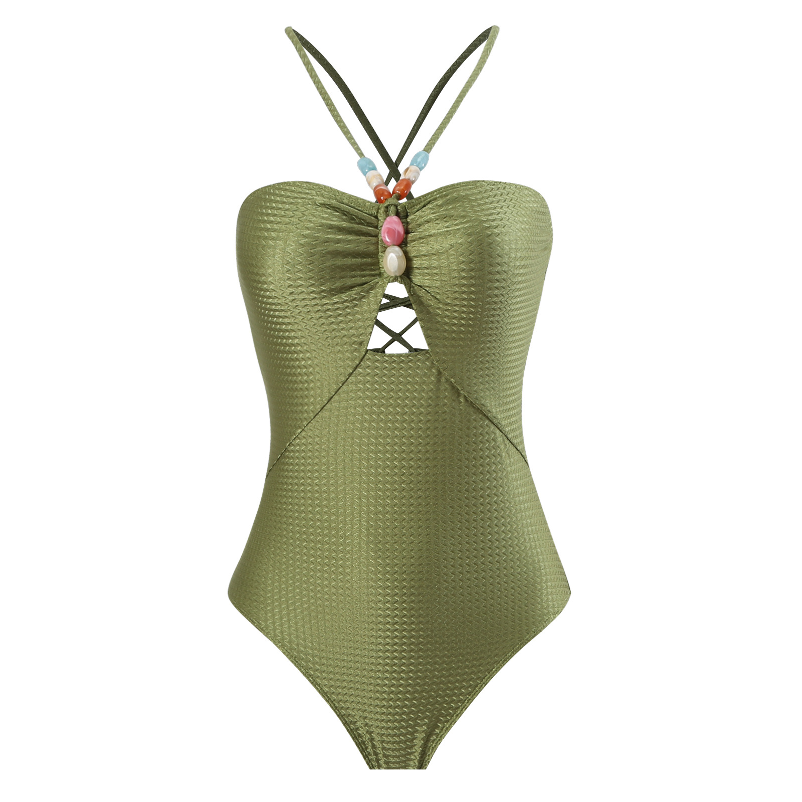 Women's Green French Vintage One-Piece Swimsuit with Skirt