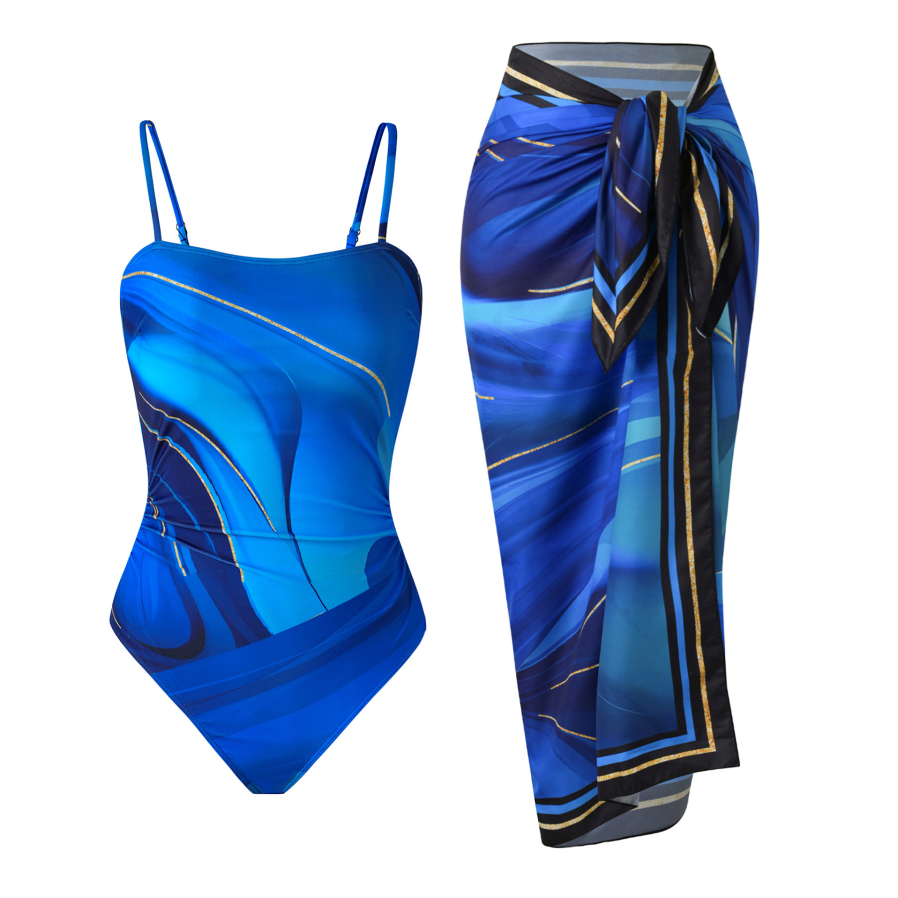 Women's Blue Gradient Print with Gold Foil Trim One-Piece Swimsuit with Skirt