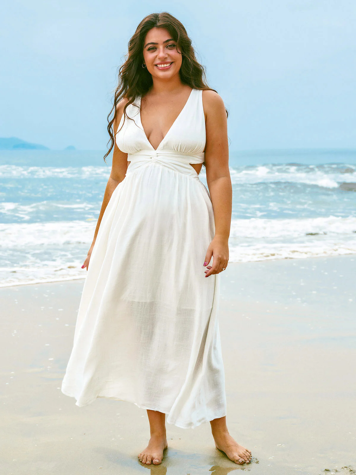 Solid Cross Back Twist Waist Deep V Beach Maxi Dress