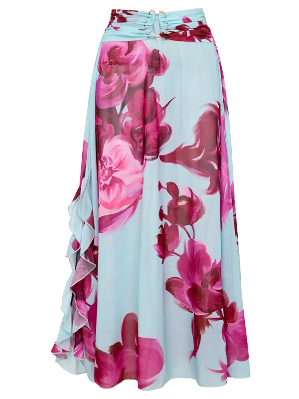 Abstract Floral Printed Two-piece Swimsuit and Skirt