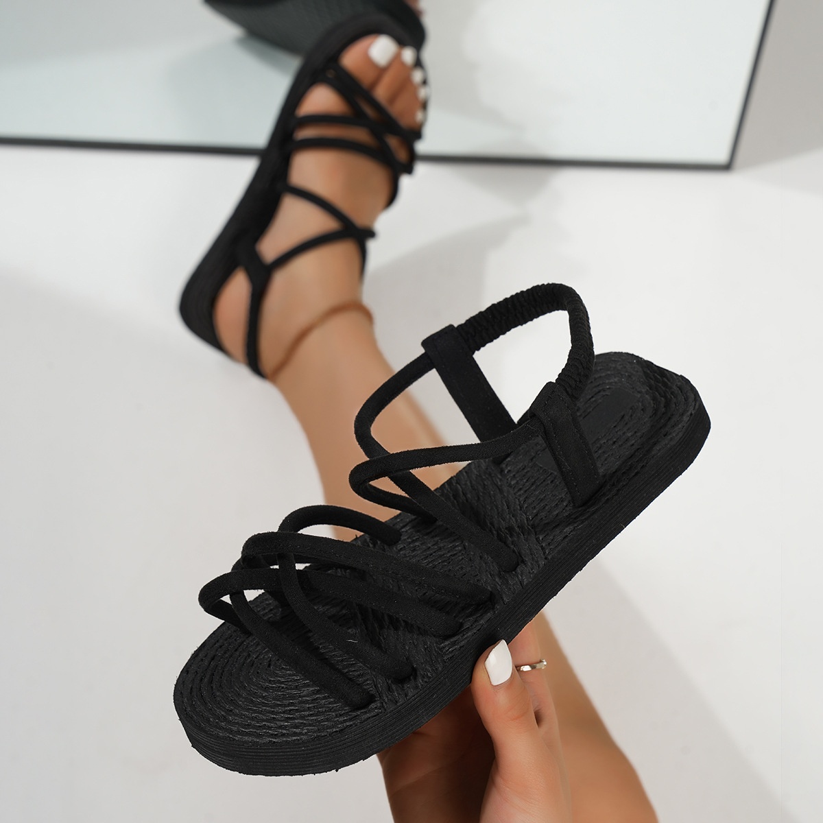 Black Strappy Sandals with Crisscross Thick Straps Adjustable Ankle Wrap and Open Toe Design