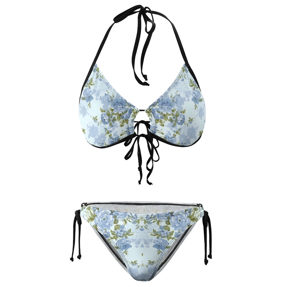 Tropical Floral Halter Tie Bikini Set with Matching Sarong Skirt