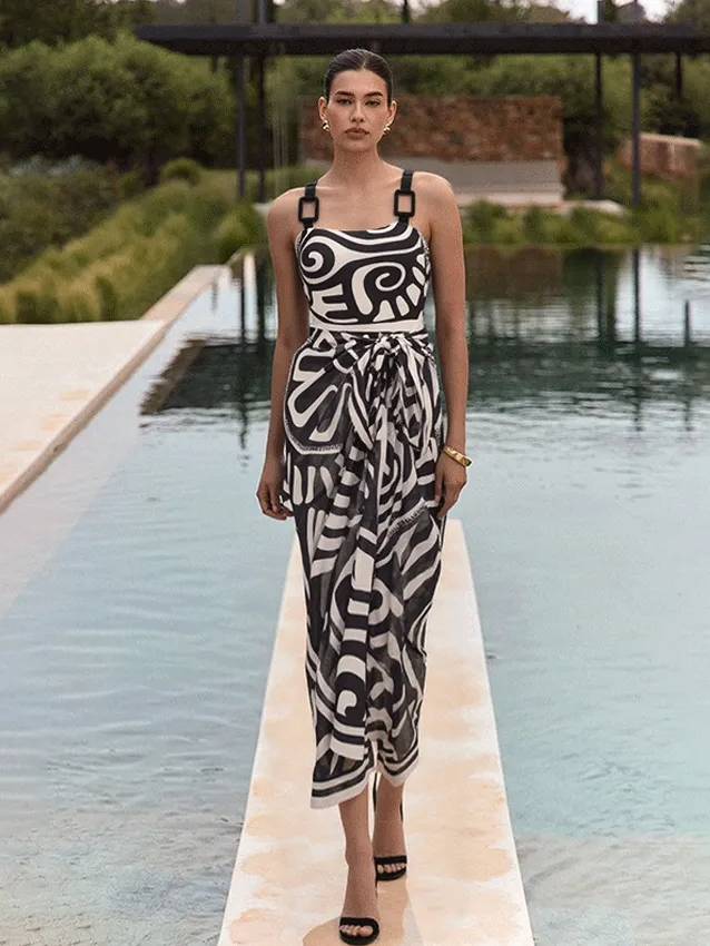 Adjustable Shoulder Straps Black Tribal Print Swimsuit Set