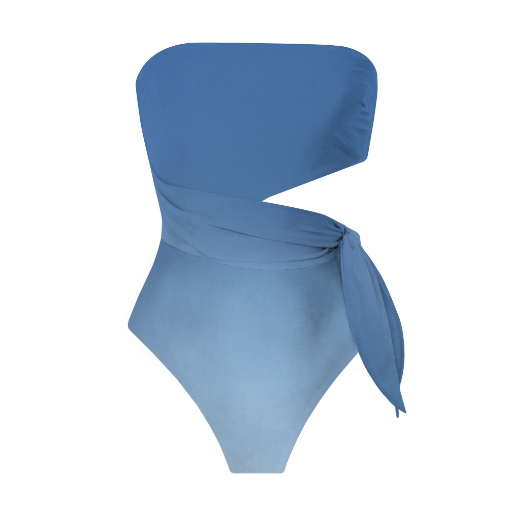 Elegant Blue Gradient Knot Detail One-Piece Swimsuit and Sarong Skirt
