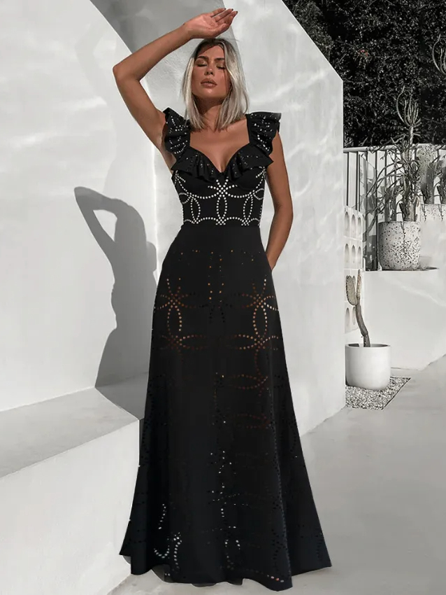 Underwired Black Ruffle Laser Cutting Flower Swimsuit and Skirt