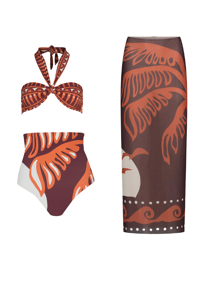 Printed Bikini and Bandeau One Piece Swimsuit and Skirt