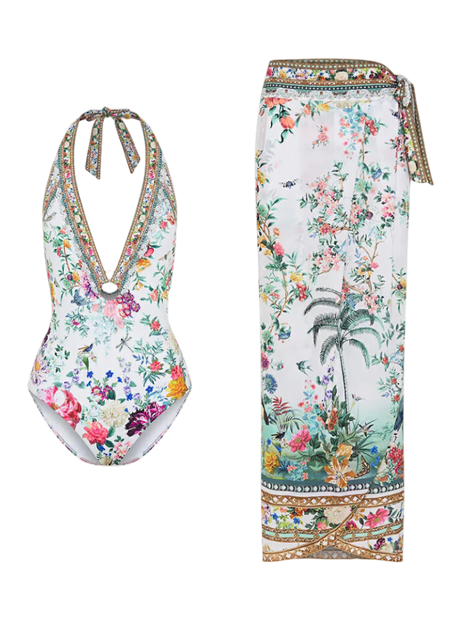 Halter Printed One Piece Swimsuit and Sarong