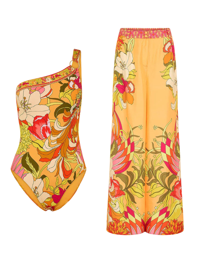 Printed One Shoulder One Piece Swimsuit and Pants