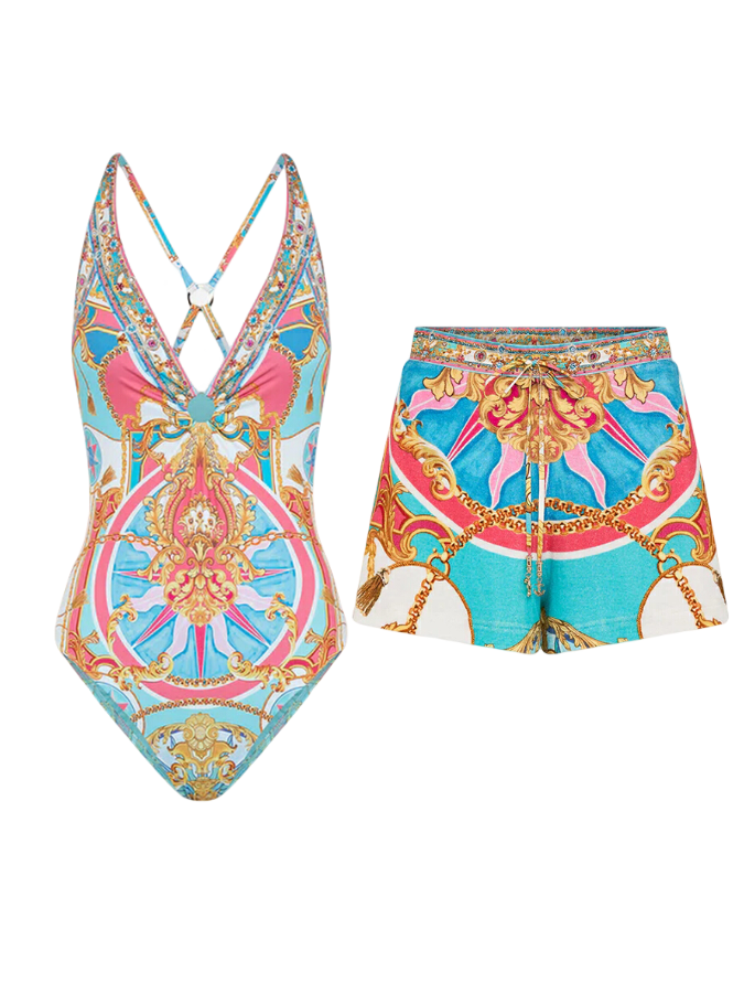 Printed One Piece Swimsuit and Shorts Swimwear