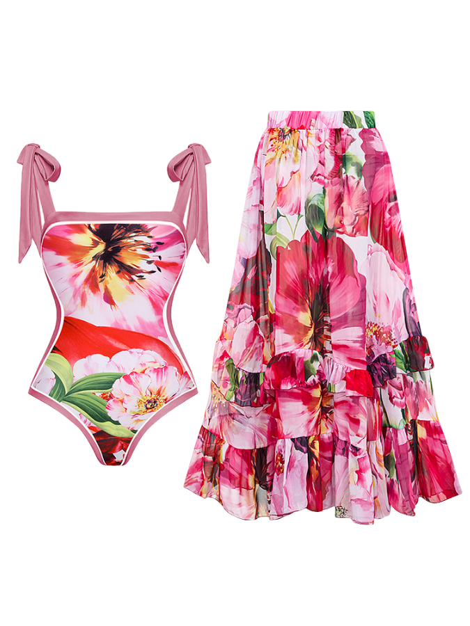 Ruffle Cut Out Flower Printed One Piece Swimsuit and Skirt
