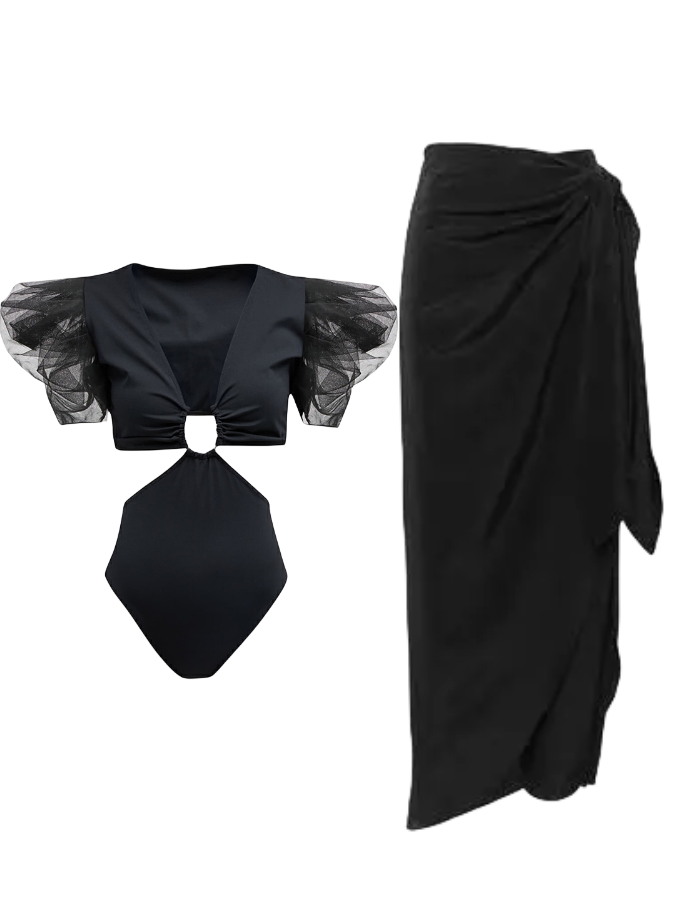 Mesh Paneled Cutout One Piece and Sarong Swimwear