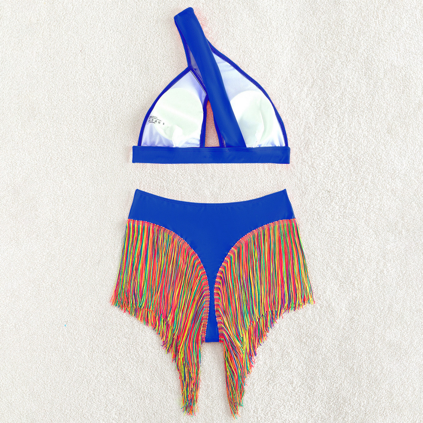 Sexy Solid Color One-Shoulder Two-Piece Swimsuit Set with Fringe Detail