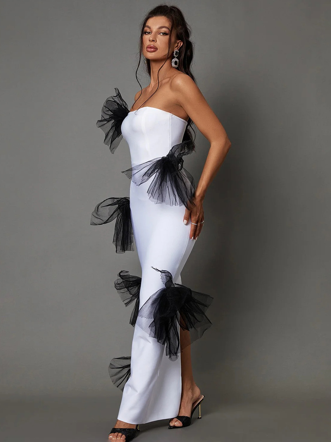 Strapless Pleated Tulle Bow Maxi Dress