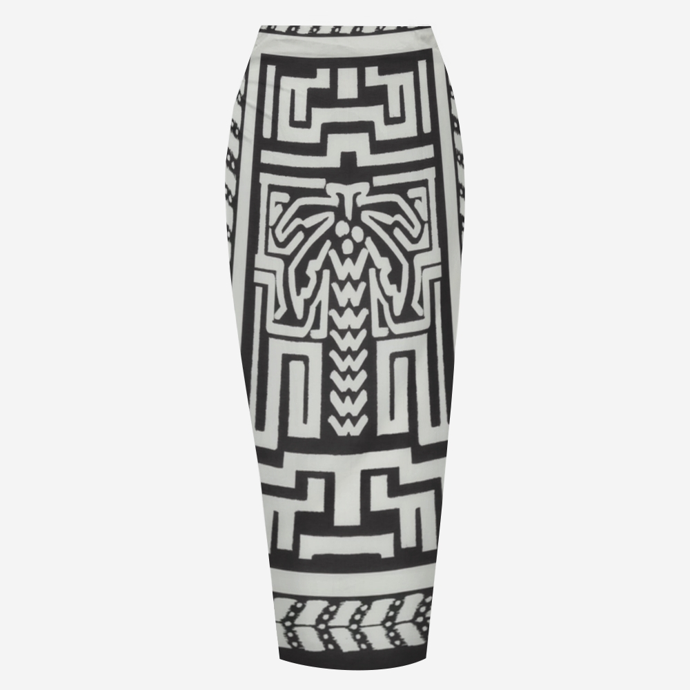 Black Triangle Side Tie Two-Piece Bikini Set with Geometric Sarong Skirt