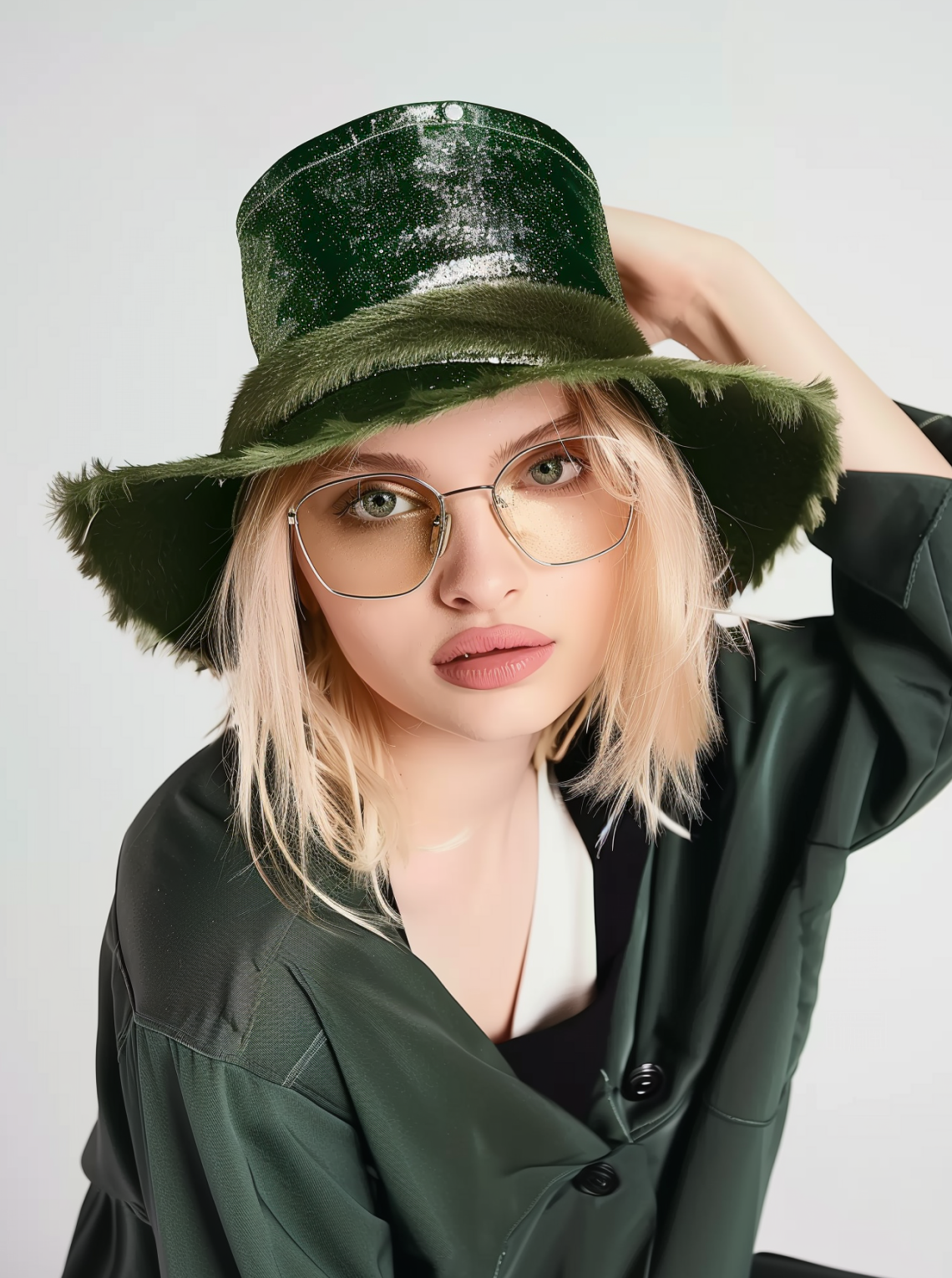 Borg lined bucket hat in high shine green