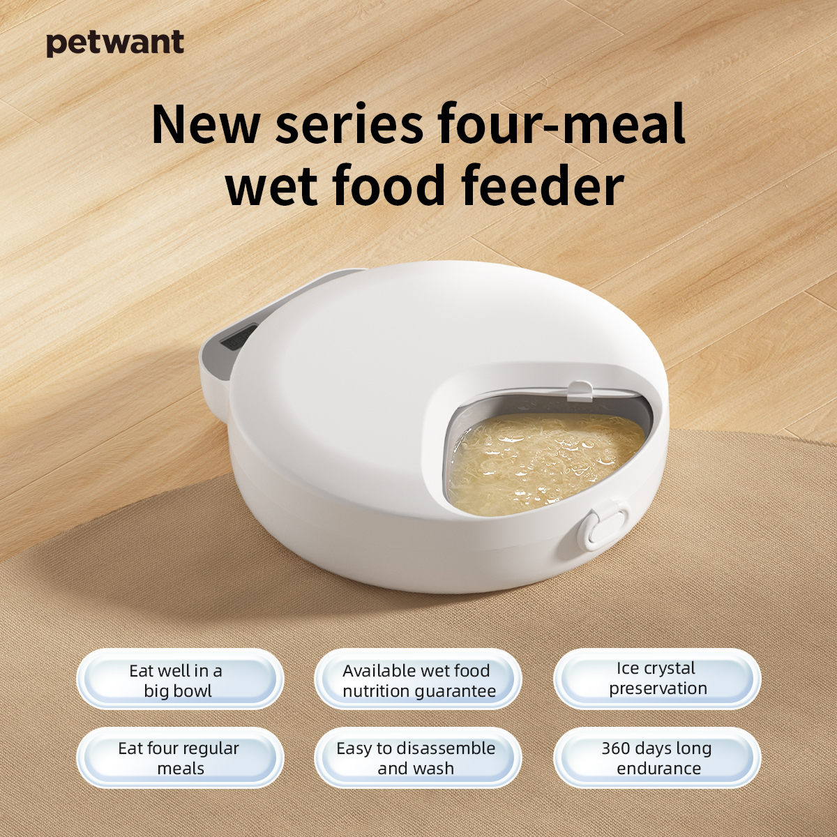Petwant New Series Automatic Pet Cat Bowls Feeders 4 Meals Cordless Auto Small Animal Food Dispenser with Two Ice Packs