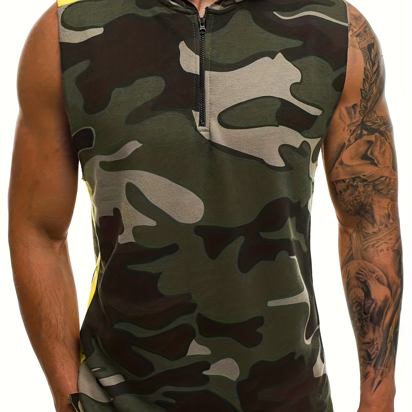 Plus Size Men's Camouflage Hooded Tank Top With Zipper For Summer, Street Style Sleeveless Hoodies For Males
