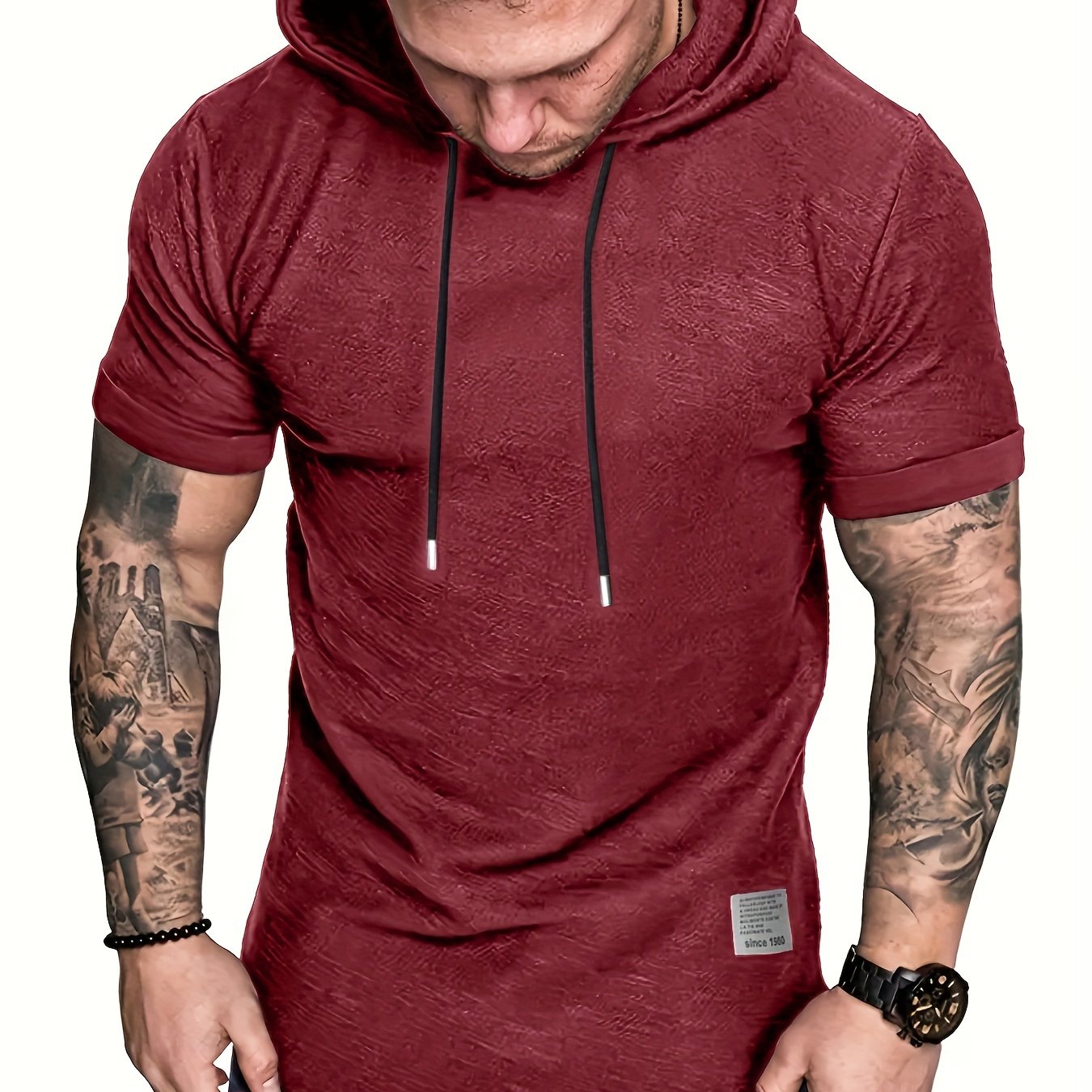 Plus Size Men's Basic Short Sleeve Hooded T-shirt, Summer Comfy Tops With Drawstring