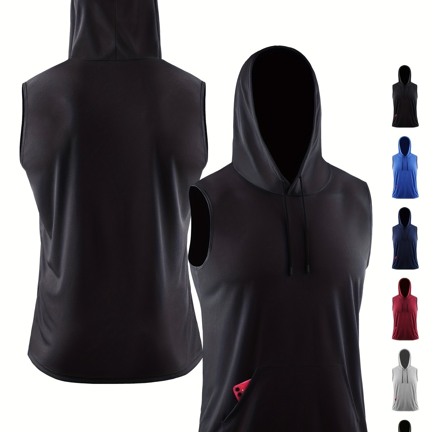 Men's Sports Hooded Loose Vest Yoga Fitness Suit Running Marathon Breathable Top Quick Drying Pocket T-shirt Mesh Basketball Sleeveless Shirt
