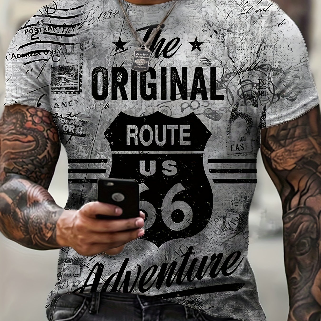 Vintage Route 66 Print, Men's Graphic Design Crew Neck T-shirt