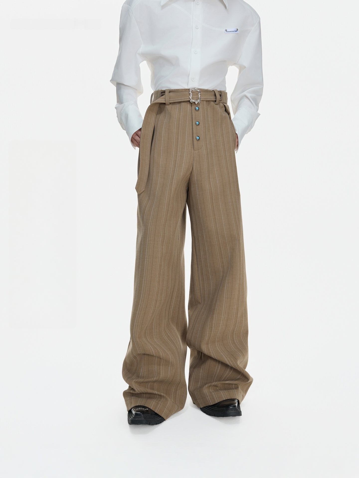 Vintage Pleated Stripe High-Waist Trousers
