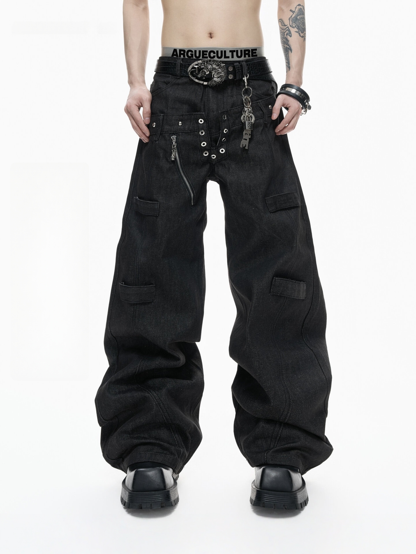 14.5oz Desized Raw Denim Straight Pants with Double Waistband