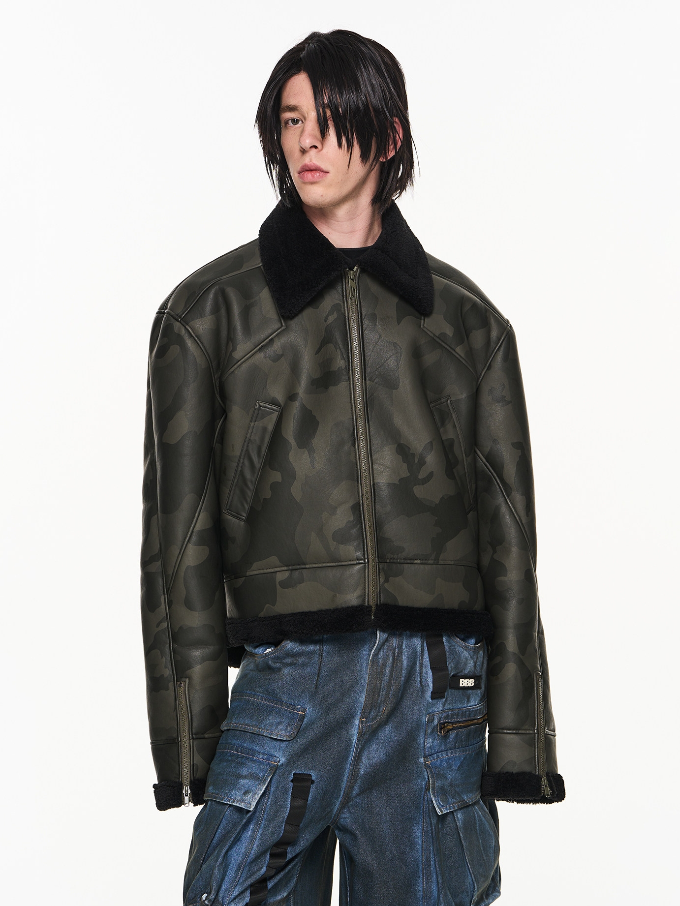Short Oversized Camouflage Shearling Coat