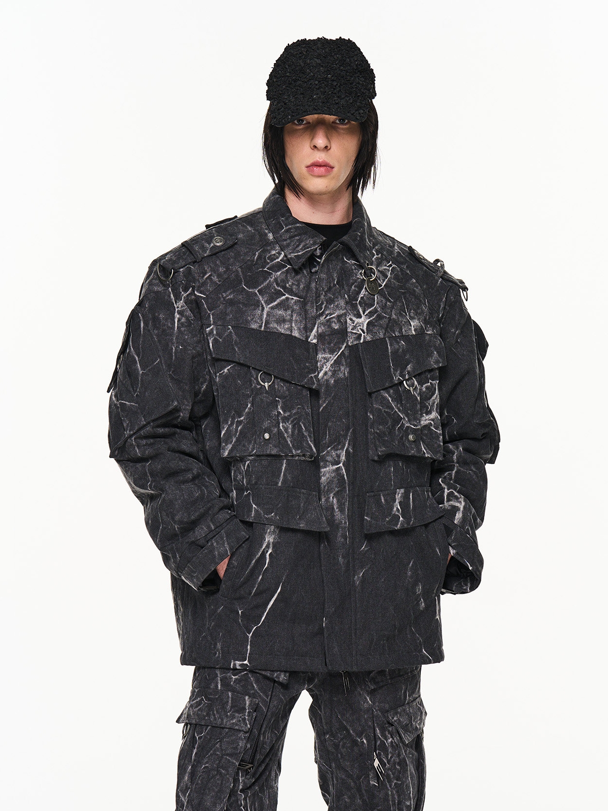 Psychedelic Washed Pocket Heavy Metal Work Cotton-padded Jacket