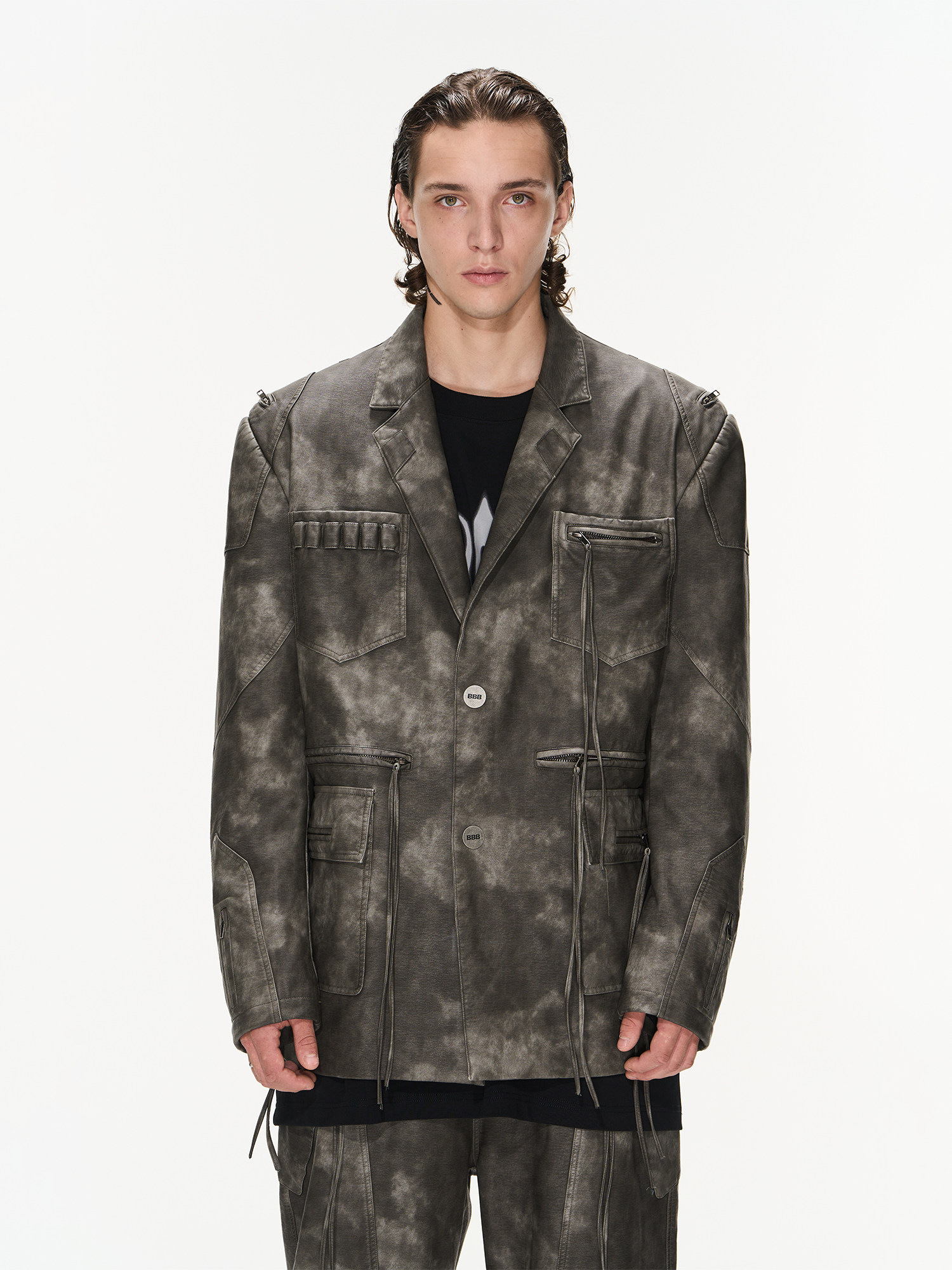 Washed and Distressed Zipper Leather Suit Jacket