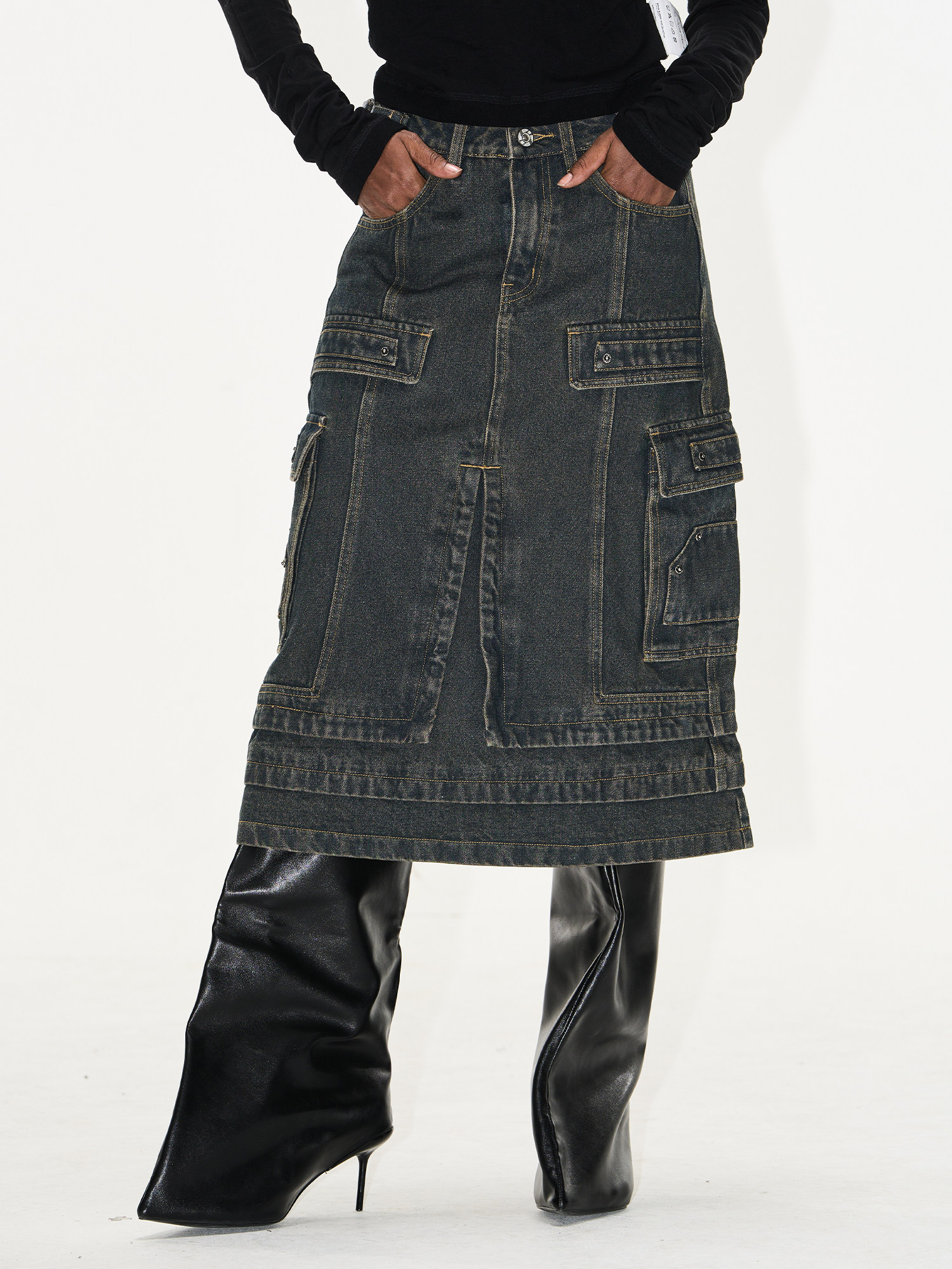 Metal Patchwork Distressed Utility Denim Skirt