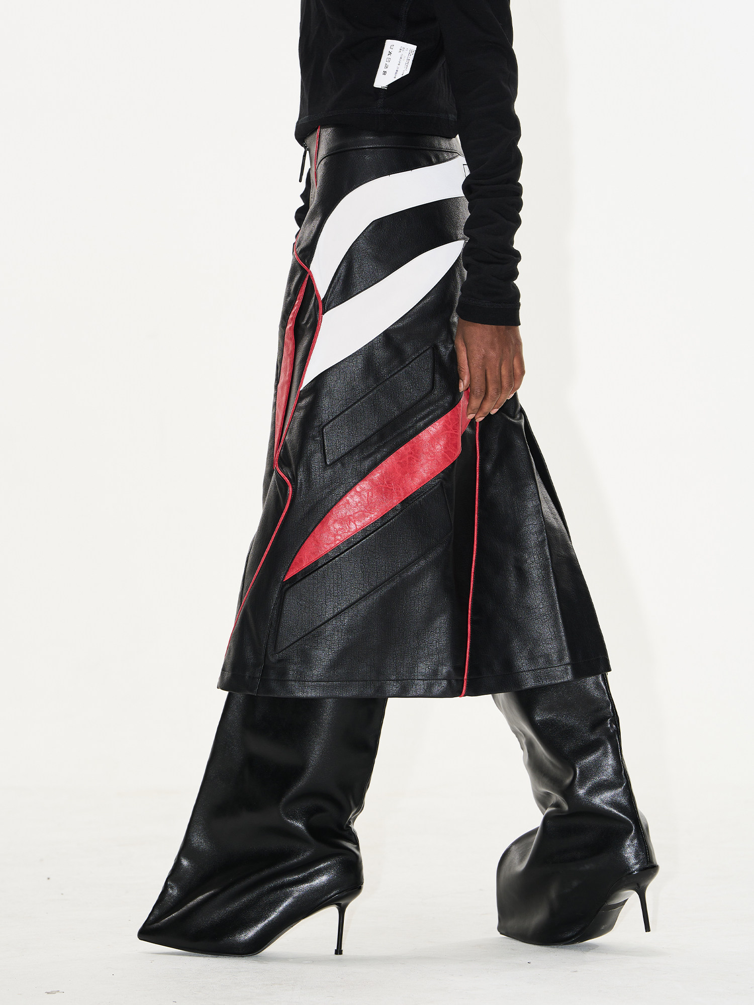 Color-Block Biker Leather Skirt