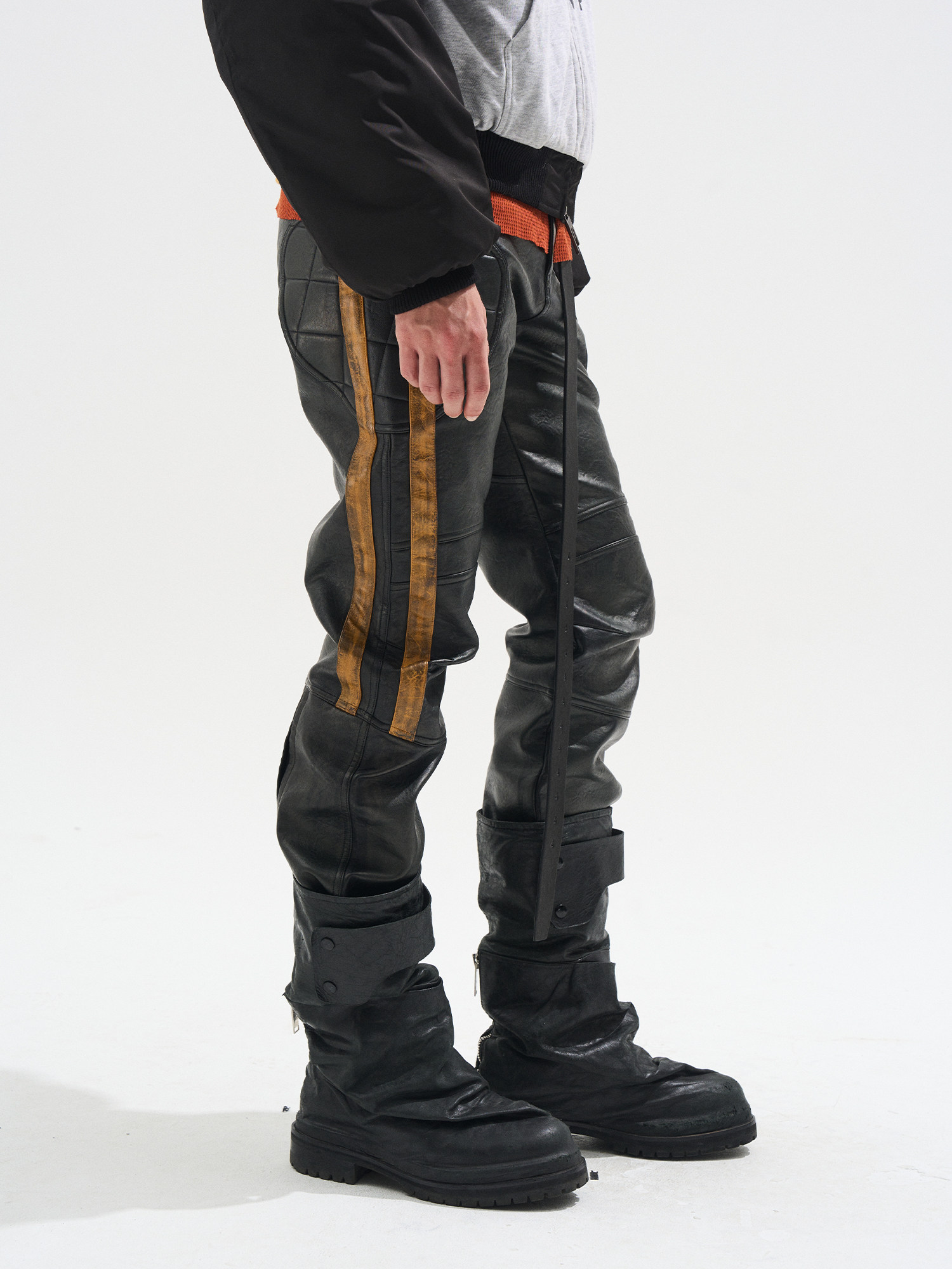 Color-Blocked Panel Moto Distressed Leather Pants