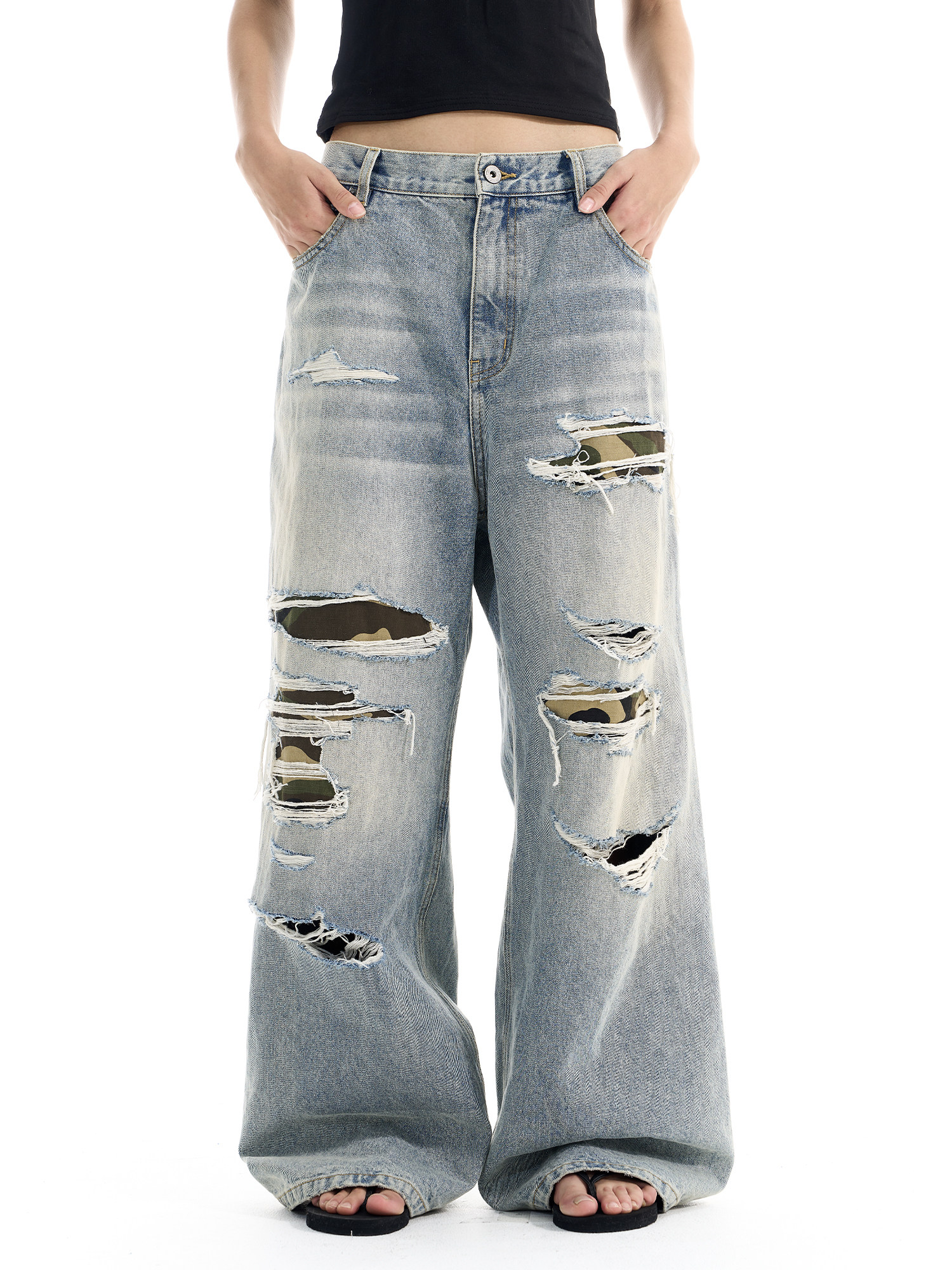 Distressed Camo Patch Washed Vintage Blue Jeans