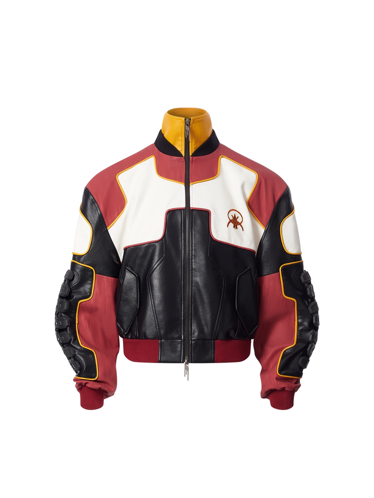 Heavy-Duty Spine Panel Colorblock Biker Jacket
