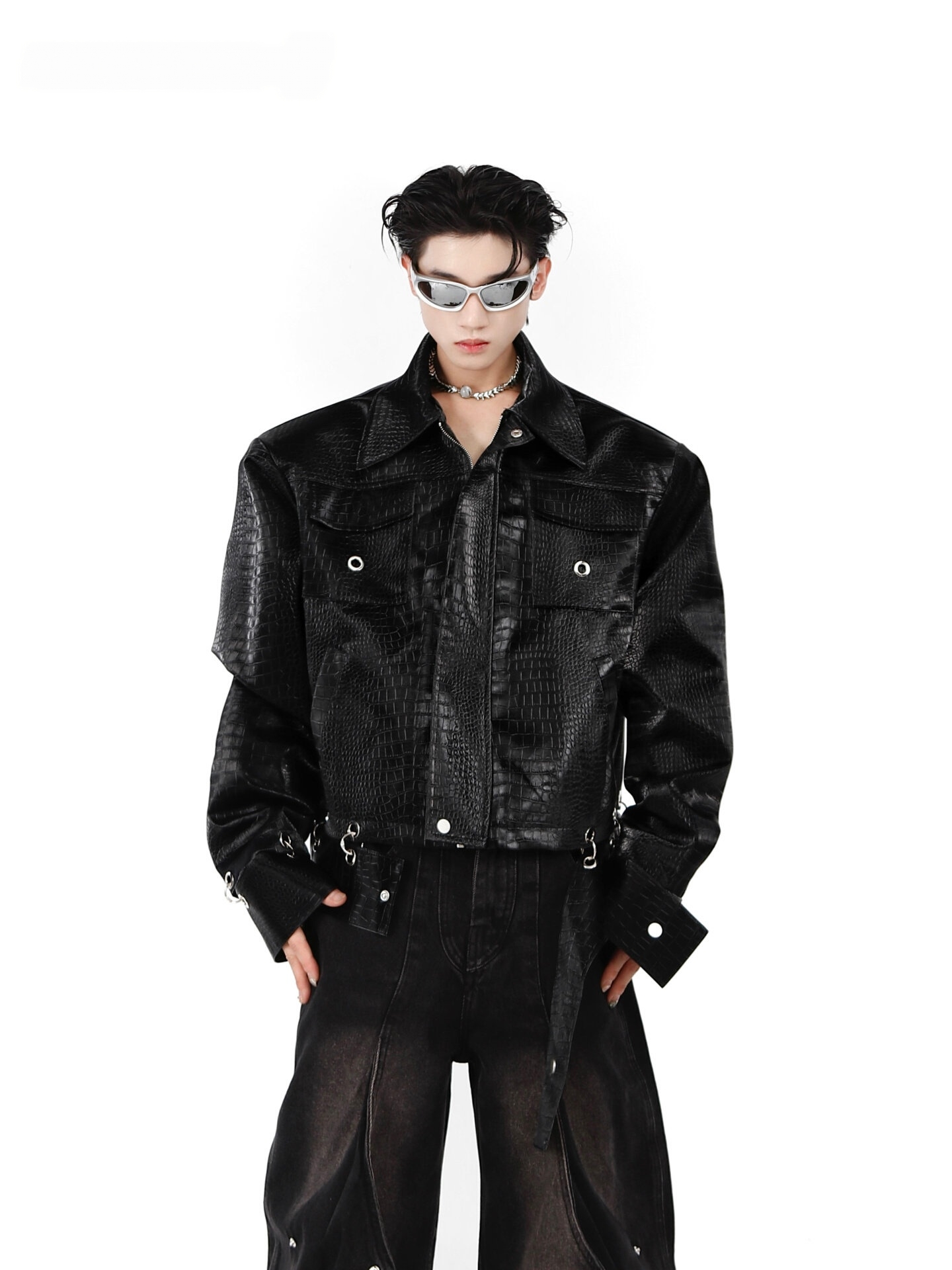 Croc-Embossed PU Patchwork Jacket Shoulder Pads