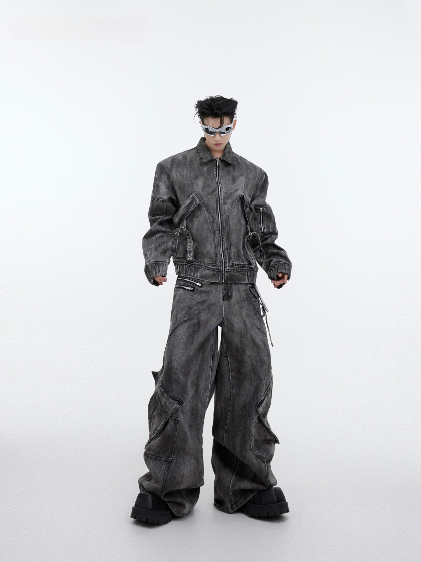 Distressed Zip-Pocket Denim Jacket & Pants Set