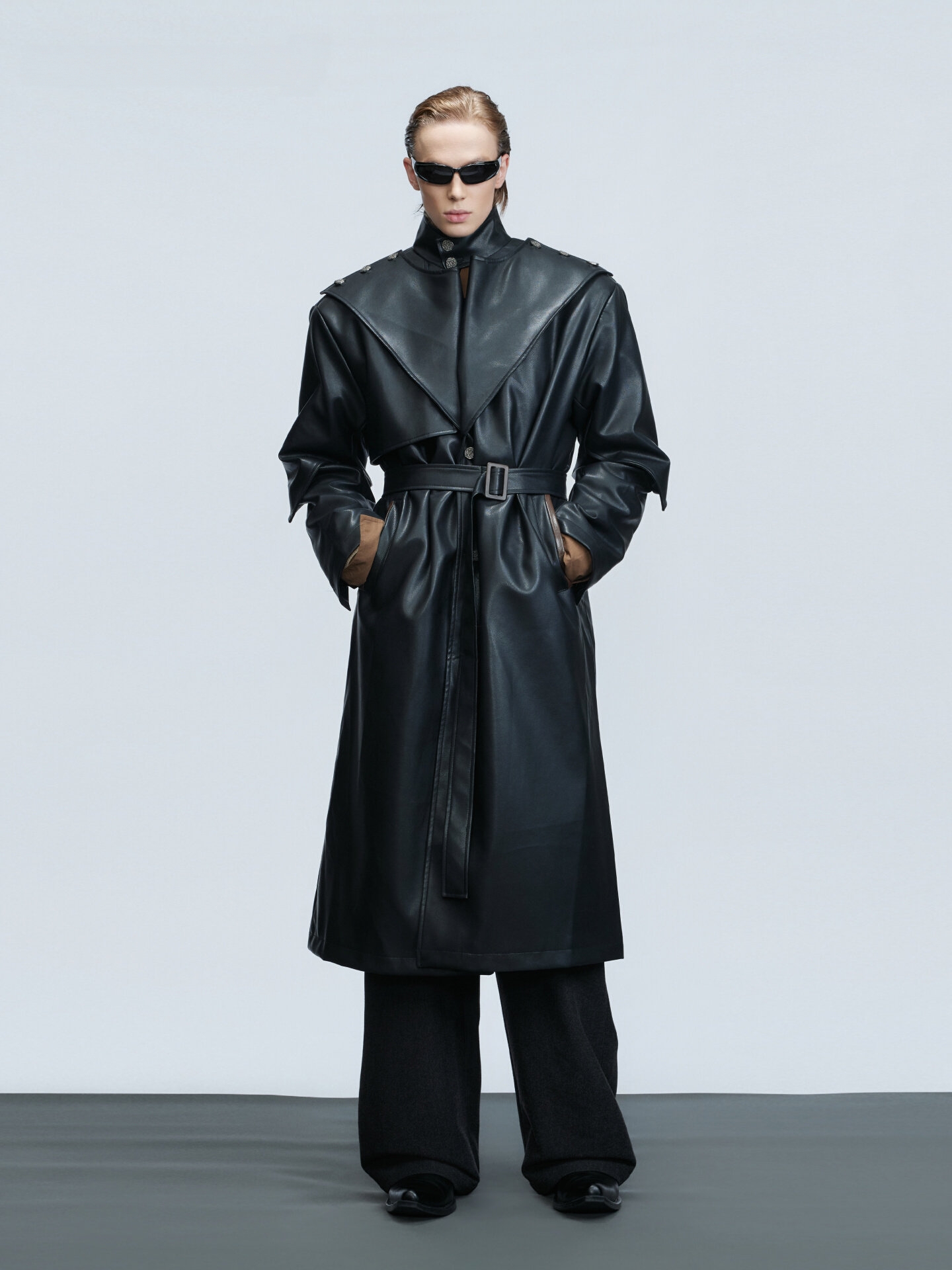 Heavyweight Deconstructed Stand-Collar Sculptural Leather Coat