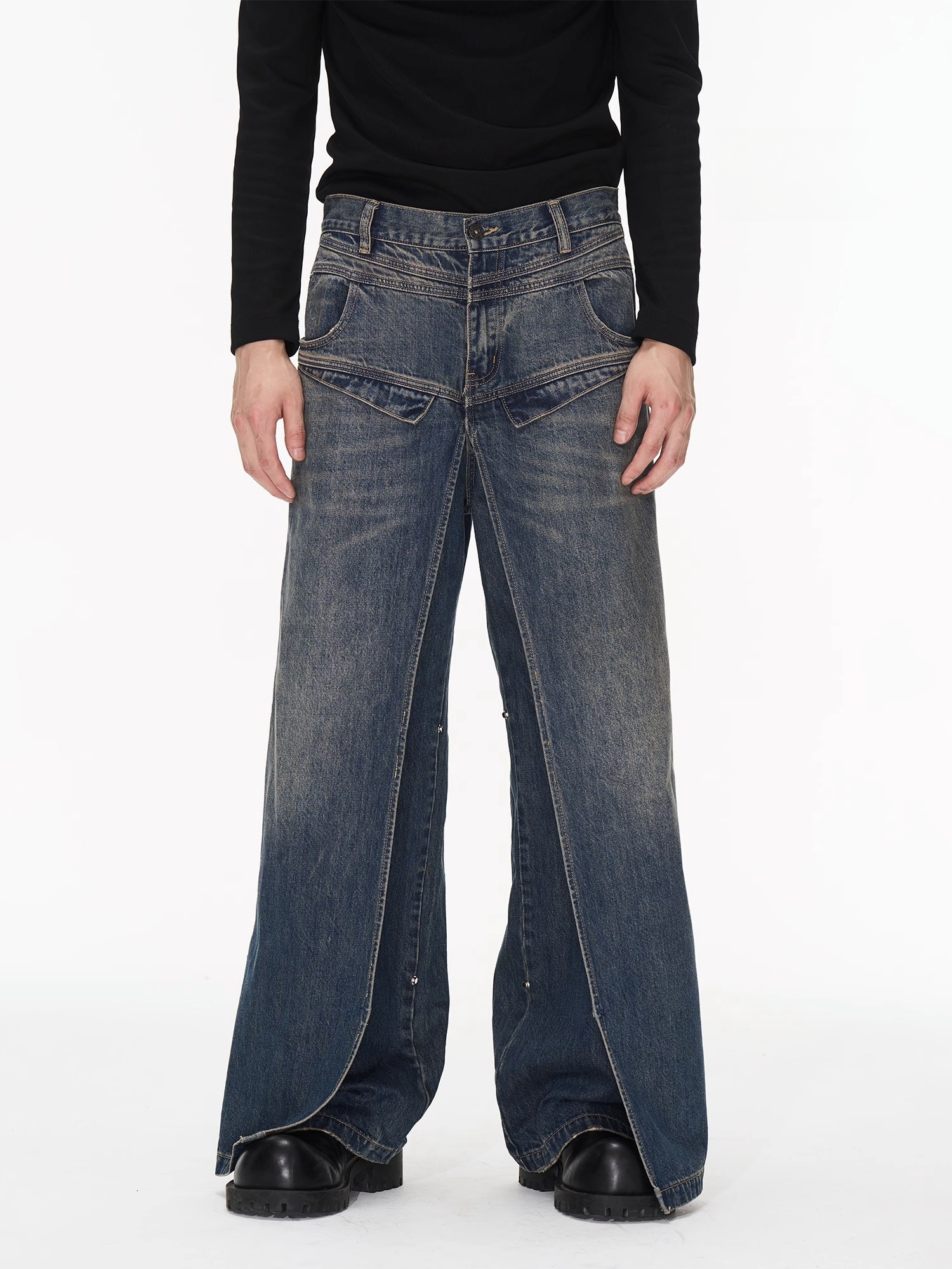 BLINDNOPLAN 23AW 双形态立体裁剪宽松直筒做旧水洗牛仔裤