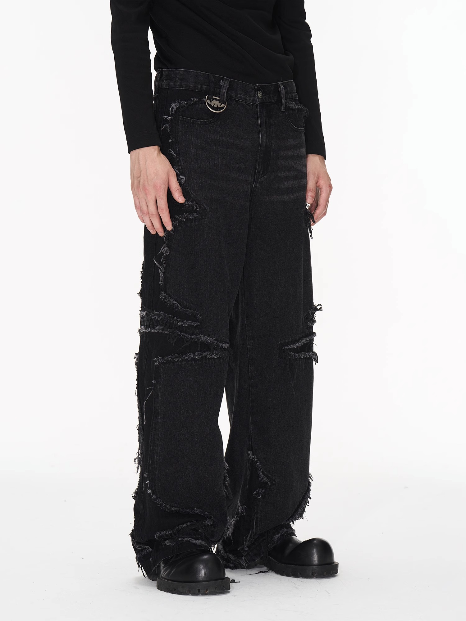 BLINDNOPLAN 23AW 毛边做旧分割拼接水洗宽松百搭牛仔长裤秋季