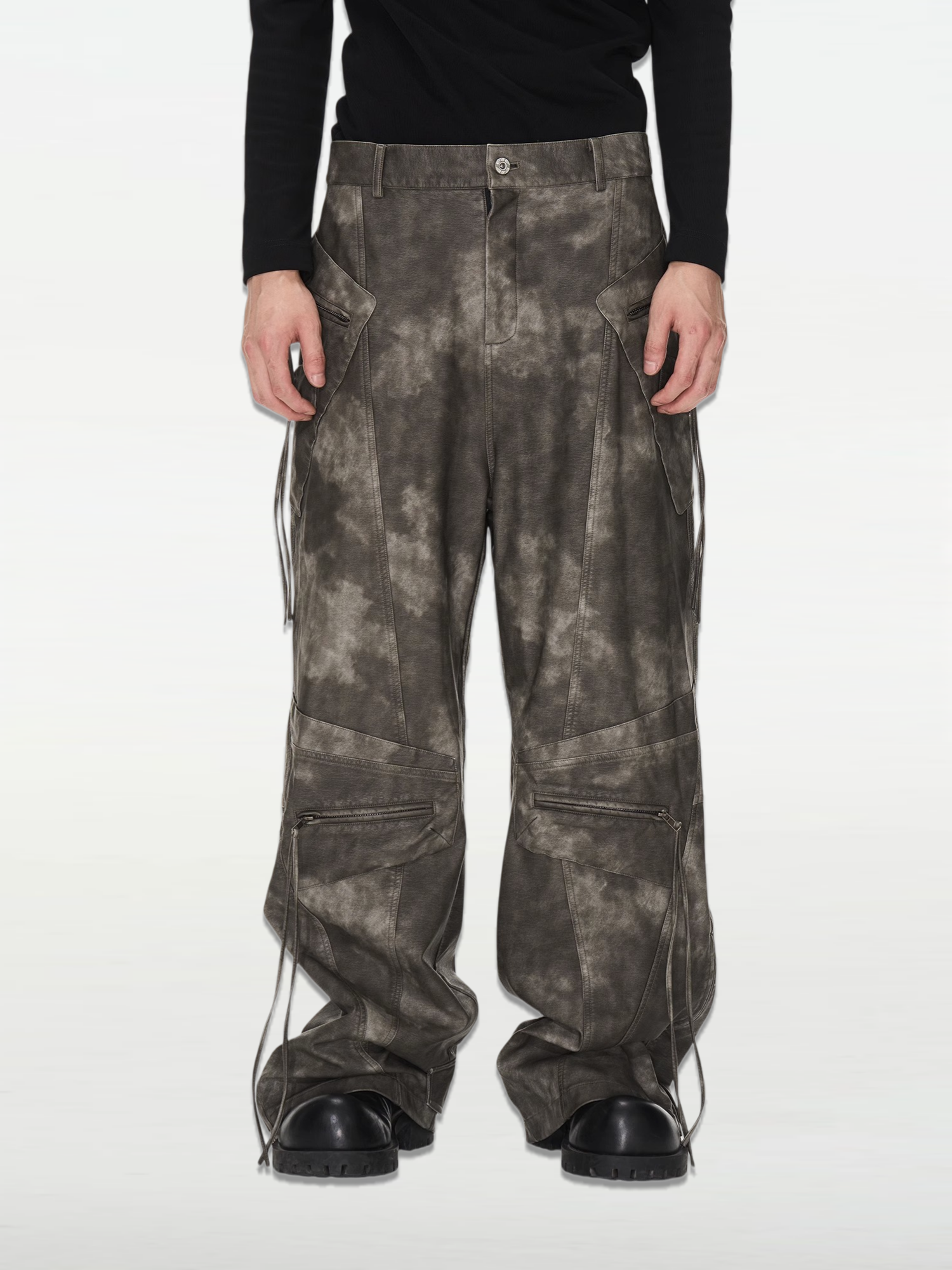 Washed Distressed Zipper Leather Pants